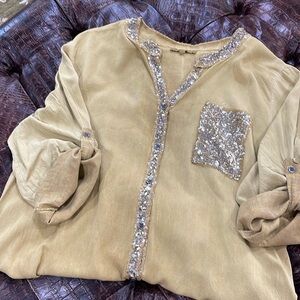 Tempo Paris antique gold top with sequin accents and frayed hemline